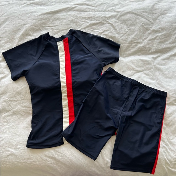 Women navy blue with red/white stripes two pieces swimsuit top and bottom - Picture 2 of 4